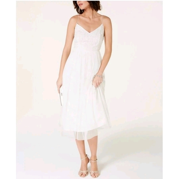 Adrianna Papell Bead Tulle Tea Length Ivory White Long Dress Women's Size 6  - www.rajagirimanappuram.com